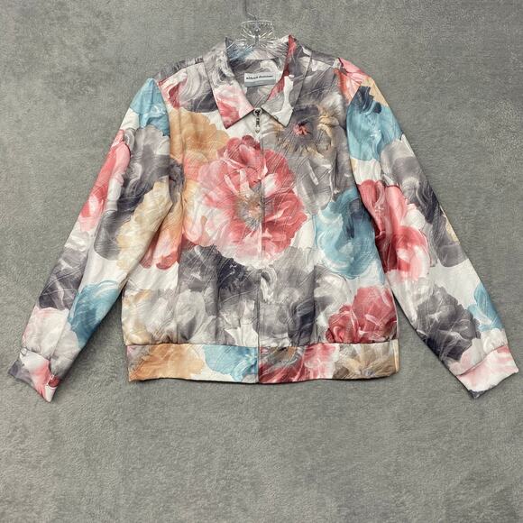 Alfred Dunner Jacket Womens 10 Petite Pink Blue Floral Zip Shiny Lightweight - Picture 1 of 10